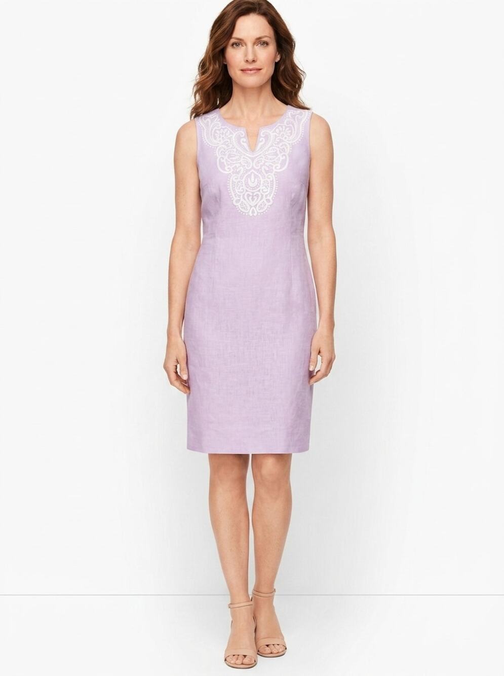 Talbots Linen Blend Sheath Knee Length Lined Embroidered Dress Women Size 6P